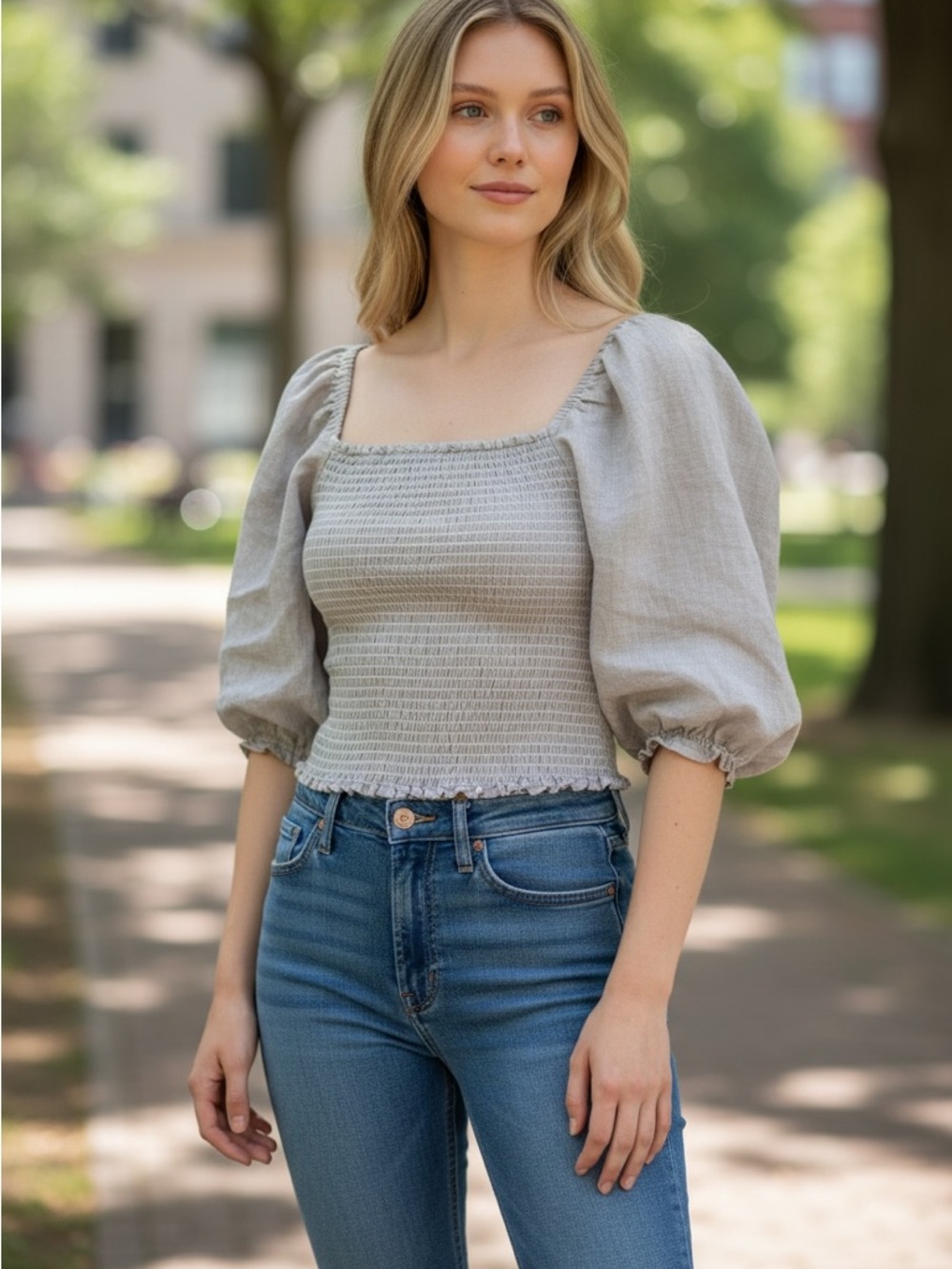 Reformation Clementine 100% linen Smocked‎ Square-Neck Puff Sleeve Crop Top